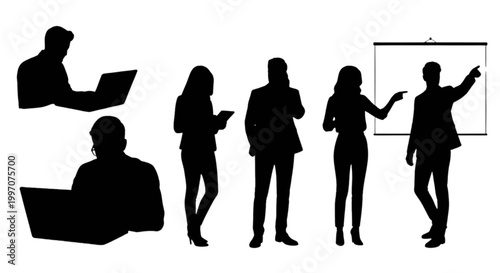Business team presenting and working together isolated on transparent background, Vector