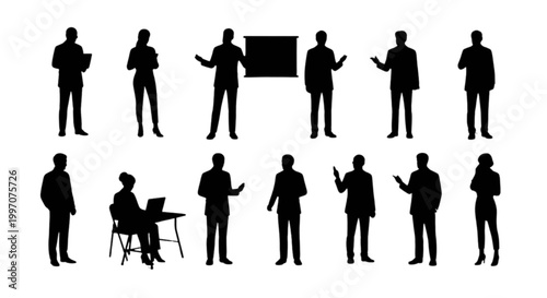 Silhouettes of people presenting and discussing in a meeting isolated on transparent background, Vector