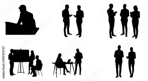 Silhouette people standing and sitting in casual meeting isolated on transparent background, Vector