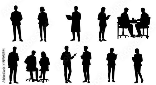 Silhouette people in business and casual meeting poses isolated on transparent background, Vector