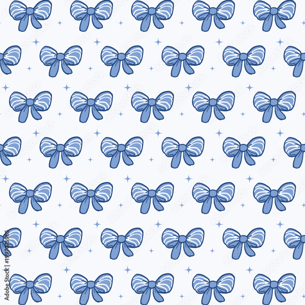 Obraz premium Cute coquette blue ribbon bow pattern girly seamless background.