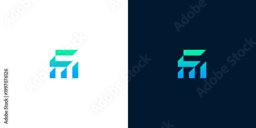 Abstract financial growth chart logo with blue and green gradient bars on white and dark backgrounds