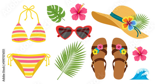 Colorful beach vacation accessories set.