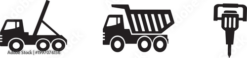 Black and white silhouette of a roll-off truck, a dump truck, and a jackhammer for construction and industrial site work