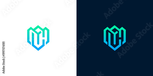 Modern Hexagonal Logo Design Featuring Interlocking Monograms MC and CH with Gradient Colors on White and Dark Blue Backgrounds