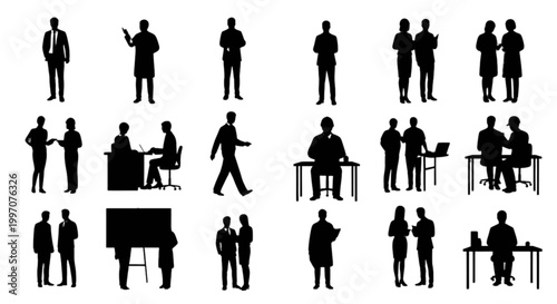 Silhouette people icons in various meeting poses isolated on transparent background, Vector