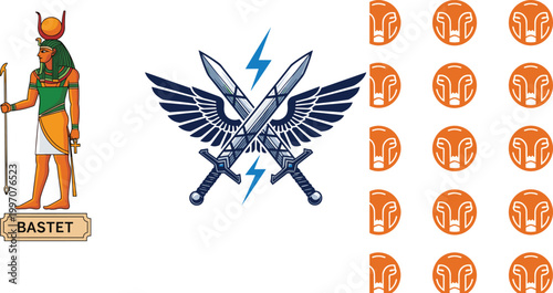 Ancient Egyptian Bastet cat goddess illustration with winged sword lightning emblem and geometric icon pattern set vector design