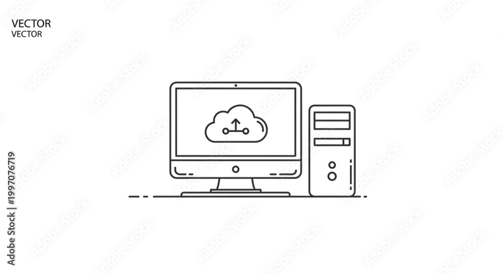 Fototapeta premium Computer with cloud storage icon on screen and desktop tower.