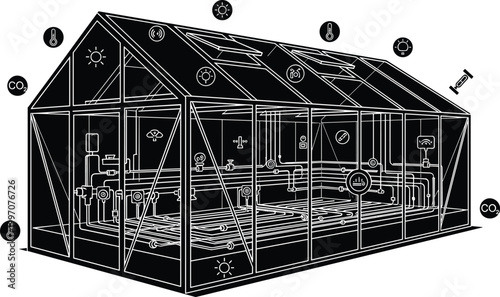 Cad drawing flat vector illustration of a smart greenhouse system with sensors for temperature, CO2 monitoring, and automated irrigation for agriculture.