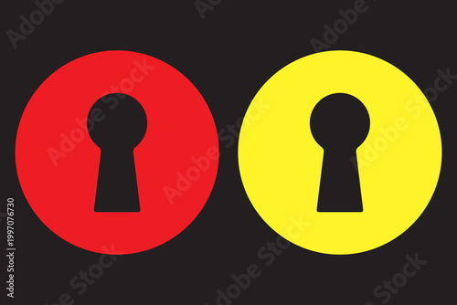 Keyhole icon set of two. red and yellow keyhole icon on black background. Mysterious door lock. Vector illustration.