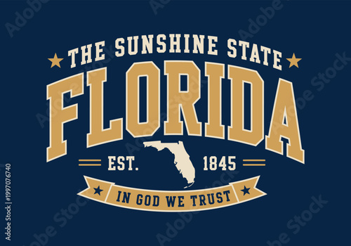 Florida State Vintage Emblem: A detailed vintage emblem of Florida, showcasing the state's name and slogan, evoking a sense of history and pride. tee t shirt or sweatshirt hoodie - Vector