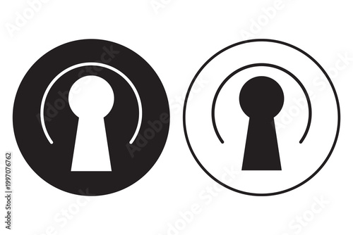 Keyhole icon set of two. Black and white keyhole icon in a circle on white background. Mysterious door lock. Vector illustration.