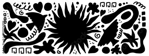 Black birds silhouette and sun set with flat folk shapes and freeform. Hand drawn naive paper cutout with heart boho doodle and bird ornaments. Vector folk banner for print scrapbook and label.