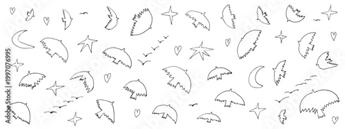Bird outline set, flock icons with hearts, stars and crescent moons in naive sketch. Hand drawn flock of birds for greeting card or print. Vector doodle dove elements in childish ink line art.