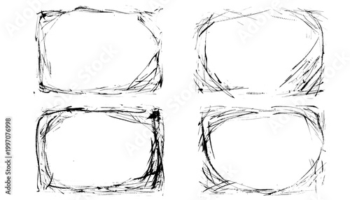 Grunge scratch distress frame and border with chaotic ice chaos stripes. Gritty film and ink distressed ruined streak with punk messy straight cadre. Vector handmade texture for grunge design set.