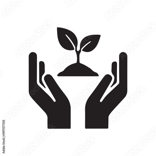 Eco friendly symbol, sustainable growth icon, hand holding plant, environmental care logo, green initiative