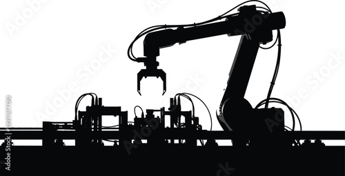 Cad drawing flat vector illustration of an industrial robotic arm silhouette working on an automated assembly line in a modern factory.