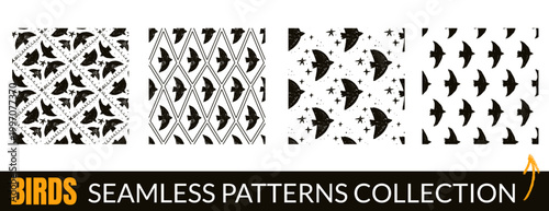 Linocut bird silhouettes in harlequin diamond and argyle seamless pattern layout. Carved bird linocut print with crayon geometric contrast. Woodcut vector repeat collection for wrapping and fashion.