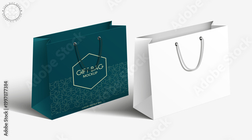 Luxury Shopping Bag Mockup Set - Realistic White and Teal Gift Bags with Gold Geometric Design