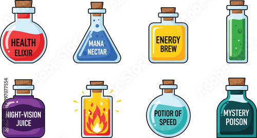 Magical Potion and Elixir Vector Set Featuring Health, Mana, Energy, and Mystery Potions for Fantasy and Fantasy Drink Illustrations