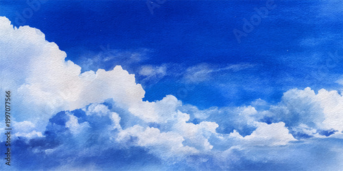 A beautiful summer day features a fluffy white cumulus cloudscape drifting across a bright blue sky under the light of the sun