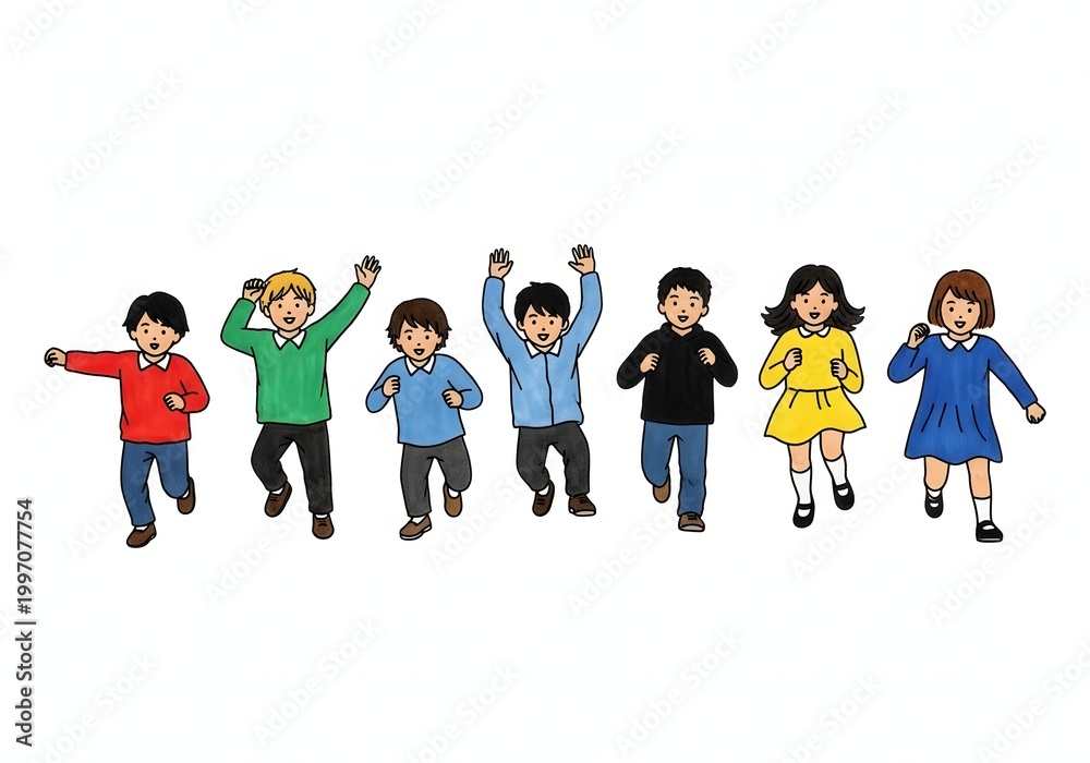 Obraz premium Happy diverse children running and waving cartoon illustration