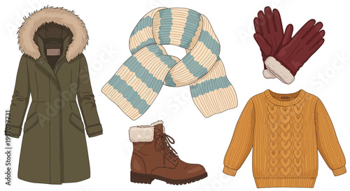 Winter clothing and accessories on display.