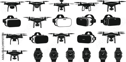 Cad drawing flat vector illustration of modern technology gadgets including flying drones, virtual reality headsets, and smartwatches for digital lifestyle.