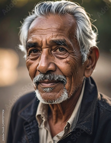 Close-up portrait of an elderly man with gray hair, wrinkles, and a mustache, lit by soft light. He wears a dark jacket
