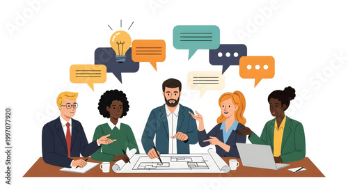 AutoCAD Office Worker Multiview Vector Set – CAD Plan Explanation Teamwork Meeting Emotions Colored Blueprint Style