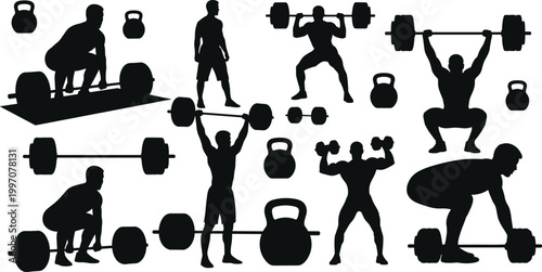 Cad drawing flat vector illustration of weightlifting silhouettes featuring bodybuilders with barbells, dumbbells, and kettlebells for gym and fitness design concepts.