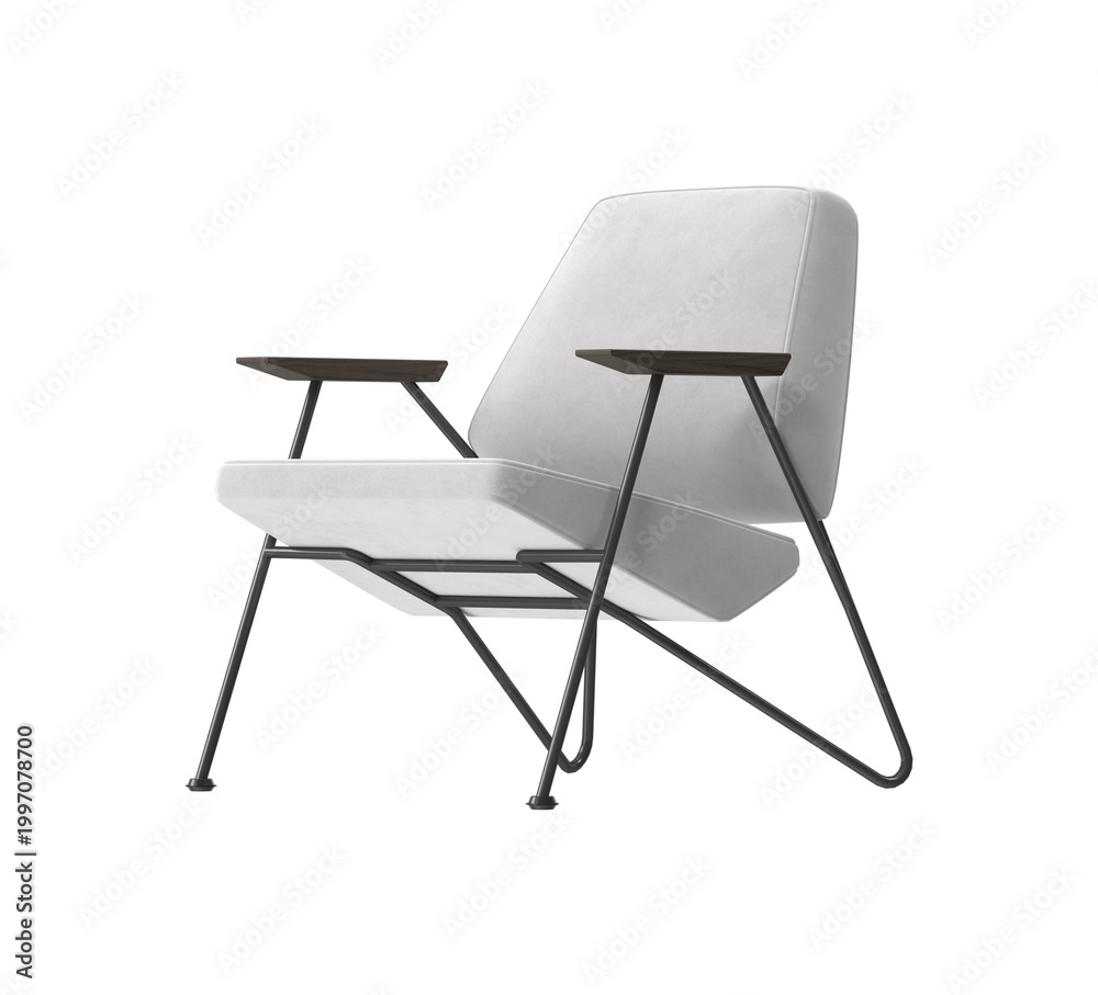Obraz premium Mid-Century Modern Lounge Chair with Metal Frame and Wood Armrests, Three Quarter View on White Background