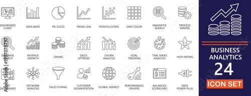 Editable line icon set for business analytics ,  performance, report, optimization, financial , dashboard ,  and strategic decision making tools.