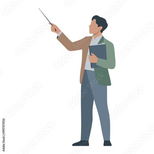 Businessman dressed in a formal suit holds a dark folder and uses a thin pointing stick to demonstrate data points on an invisible screen during an important corporate training session today.