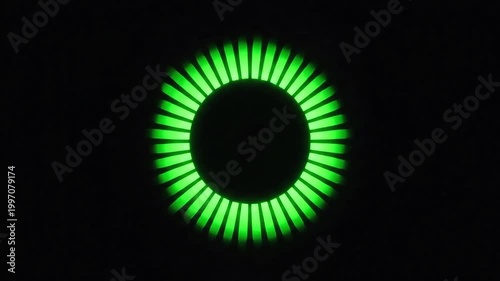 Bright green illuminated ring glows in the dark, suggesting technology or a futuristic concept.