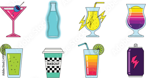Neon Cocktail and Beverage Vector Set Featuring Colorful Drinks, Takeout Cups, Energy Beverages, and Vibrant Glasses for Fun Drink Illustrations