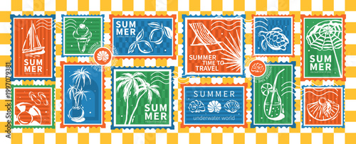 Hand drawn design elements with palm trees, yacht, lemons, seashells, sun lounger. Summer postage stamps about travel and vacation. Vector illustration for icons, stickers, scrapbook.