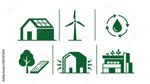 Collection of green energy and sustainability icons including solar house, wind turbine, recycling, and nature elements, isolated white background.