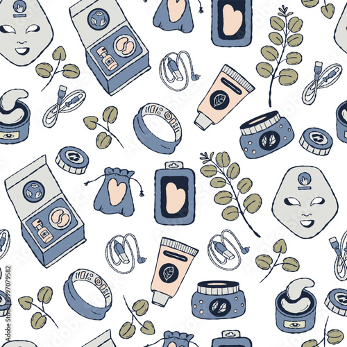 Tech Wellness Trend Seamless Pattern. LED Face Mask and Charging Cables, Gua Sha, Cosmetics, Skin Care, Modern Biohacking Gadgets and Facial Light Therapy on White Background. Vector Illustration
