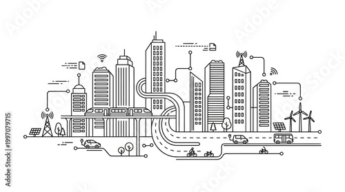 Outline illustration of a sustainable smart city with connected buildings, diverse transportation, renewable energy sources, and digital network on an isolated white background.