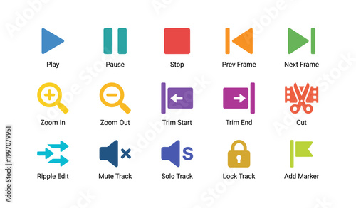 Media editing and playback icons arranged on white background