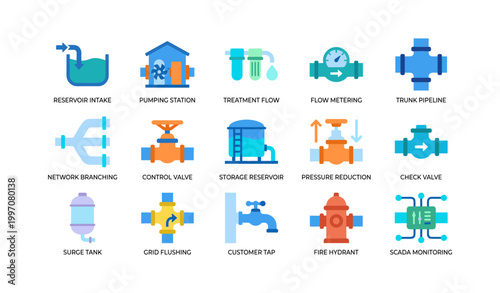 Water utility and pipeline icons arranged in grid on white background