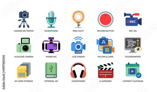 Video production and vlogging icons arranged on white background
