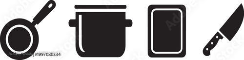 Set of four kitchen utensil including a frying pan, cooking pot, rectangular cutting board, and chef knife in black silhouette