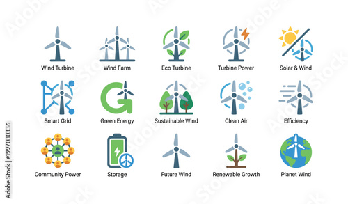 Wind turbines and renewable energy icons arranged on white background