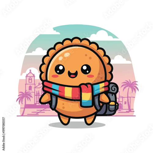 Cute cartoon empanada character wearing a scarf and backpack.
