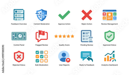 Feedback moderation and review icons displayed on white background