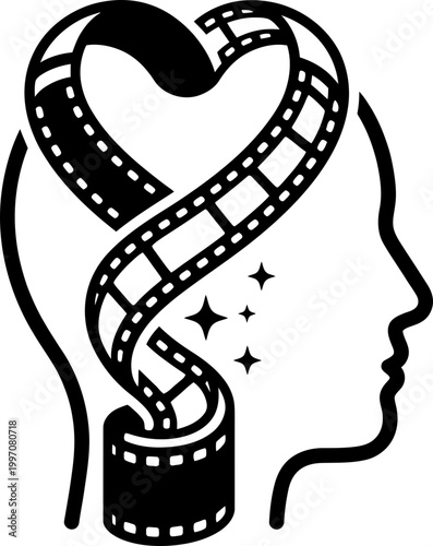 Human head silhouette with brain shaped as filmstrip heart with sparkles. Creative inspiration concept. Vector icon for cinema, media, film industry