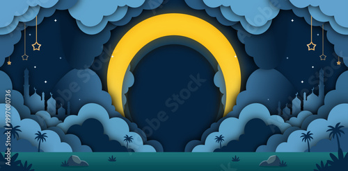 Ramadan Kareem and Eid Mubarak greeting card with 3D paper cut moon, mosque silhouettes, and clouds in night sky. Islamic festival background in paper art style.