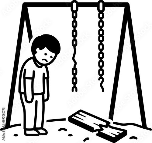 Sad boy standing by a broken swing on a playground. Childhood sadness, broken toy, or disappointment concept. Black and white vector illustration